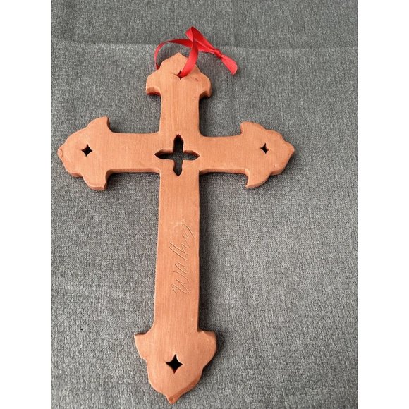 Ceramic Decorative Cross Crimson Glaze Signed - Wall Hanging 11”x7” - Picture 2 of 3